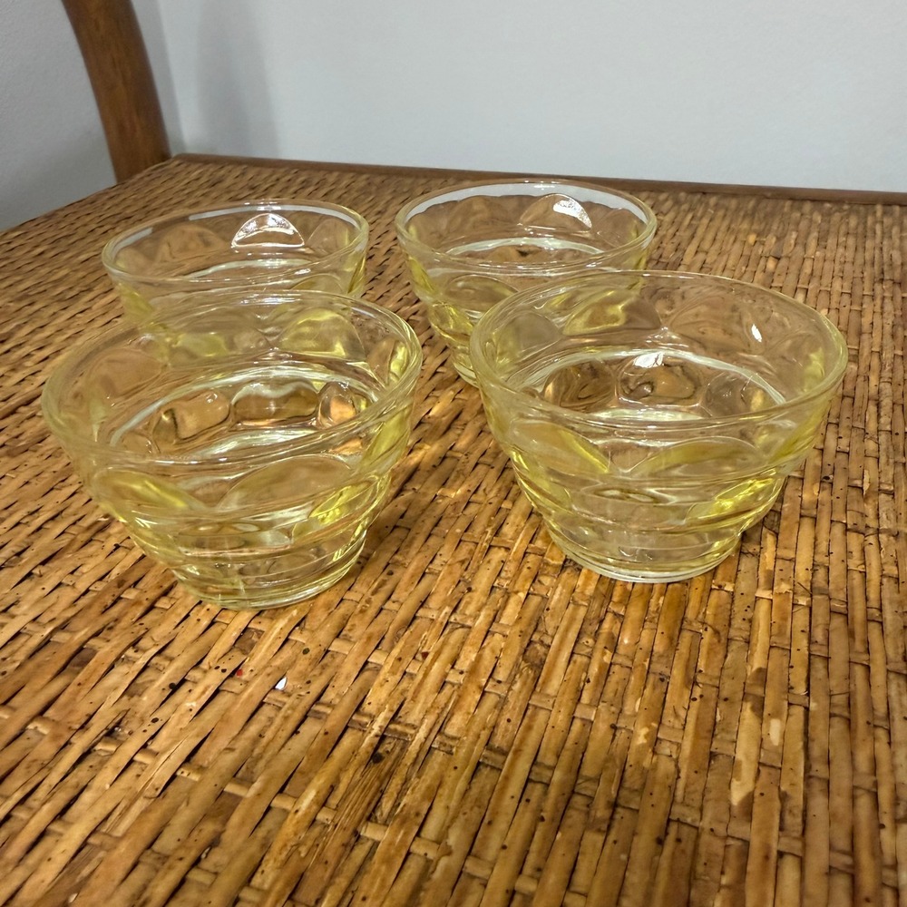 Vintage Yellow Depression Glass Beehive Tiered Dessert Bowls Custard Cups Set 4